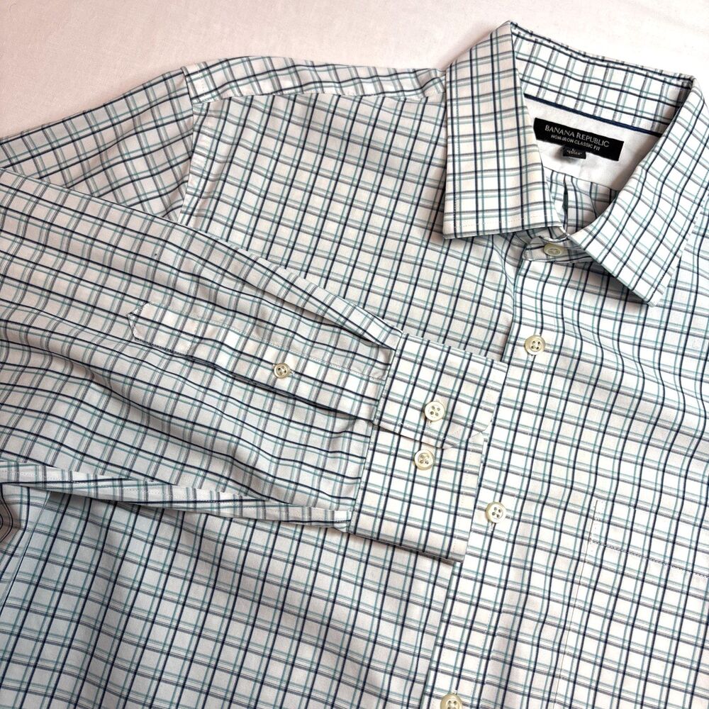 Banana Republic Men Shirt Long Sleeve Blue on White Plaid Button Up Sz. Large
